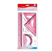 Zestaw geometryczny KEYROAD Glitter, 4 elem., 30cm, zawieszka, r&oacute;żowy, Linijki, ekierki, kątomierze, Artykuły szkolne