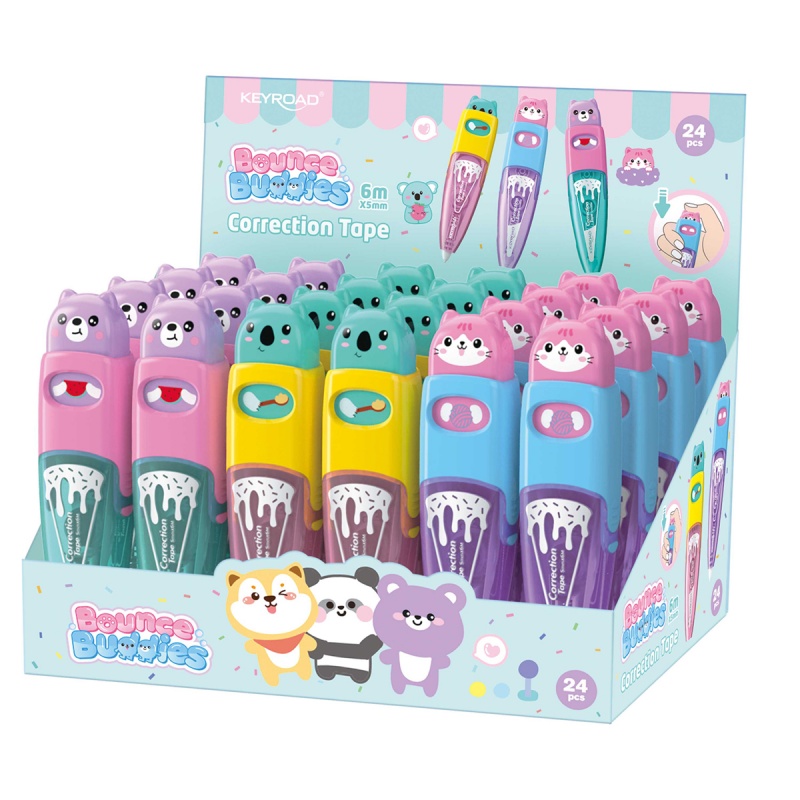 Korektor w taśmie KEYROAD Bounce Buddies, 5mmx6m, pakowane na displayu, mix kolor&oacute;w, Korektory, Artykuły do pisania i korygowania