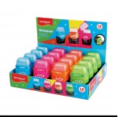 Plastic sharpener with eraser KEYROAD, neon, double, packaged on a display, assorted colors