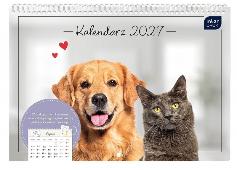 KALENDARZ ŚCIENNY Z KIESZ.25x17,5 ZWIERZAKI 2027, Ścienne, Kalendarze