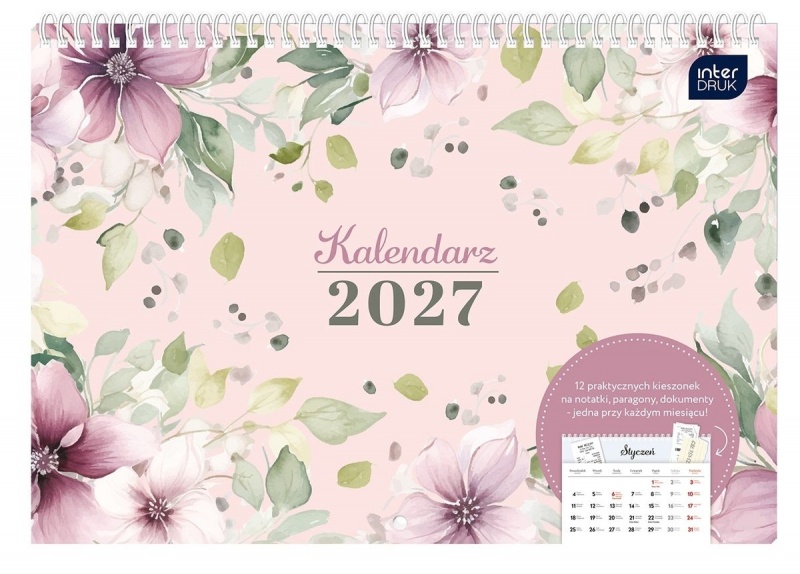 KALENDARZ ŚCIENNY Z KIESZONKĄ 25x17,5 KWIATY 2027, Ścienne, Kalendarze