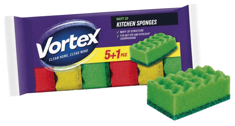 Kitchen sponge VORTEX Wavy 3D, 5+1 pcs., assorted colours