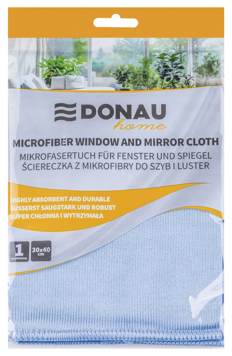 Ścierka do szyb i luster z mikrofibry DONAU HOME, 30 &times; 40cm, 1 szt., niebieska, Akcesoria do sprzątania, Artykuły higieniczne i dozowniki