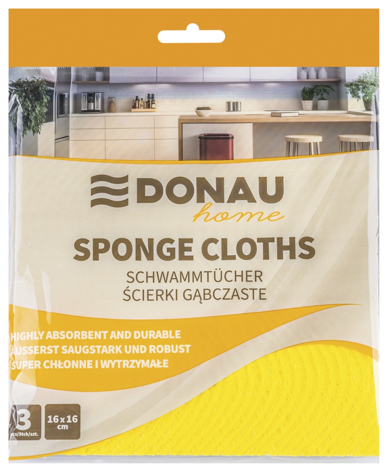 Ścierka gąbczasta DONAU HOME, 15,5 &times; 15,5cm, 3 szt., mix kolor&oacute;w, Akcesoria do sprzątania, Artykuły higieniczne i dozowniki
