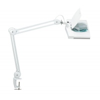 Energy-saving desktop lamp with magnifier, MAULvitrum, 2x9W, clamp mounted, white