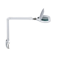 Desktop LED lamp, with magnifier, MAULcrystal, 17W, with dimmer, clamp mounted, white