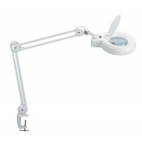 Desktop LED lamp, MAULviso, 6W, with magnifier, clamp mounted, white