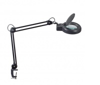 Desktop LED lamp, MAULviso, 6W, with magnifier, clamp mounted, black