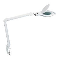 Desktop LED lamp, MAULzoom, 8W, with magnifier, clamp mounted, white
