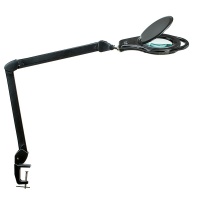 Desktop LED lamp, MAULzoom, 8W, with magnifier, clamp mounted, black