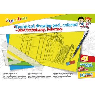 Blok techniczny GIMBOO, A3, 10 kart., 150gsm, mix kolorów, Bloki, Artykuły szkolne