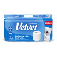 Papier toaletowy celulozowy VELVET Delikatnie Biały, 3-warstwowy, 150 listki, 8szt., biały, Papiery toaletowe i dozowniki, Artykuły higieniczne i dozowniki