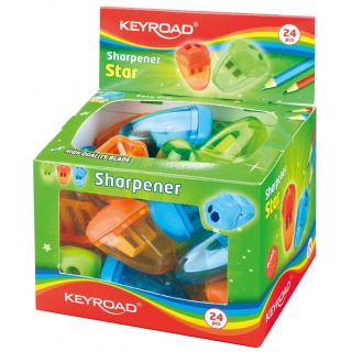 Temperówka KEYROAD Star, plastikowa, podwójna, z pojemnikiem, display, mix kolorów, Temperówki, Artykuły do pisania i korygowania