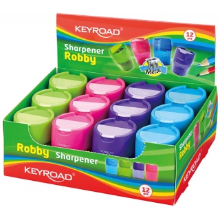 Temperówka KEYROAD Robby, aluminiowa, podwójna, z pojemnikiem, display, mix kolorów, Temperówki, Artykuły do pisania i korygowania
