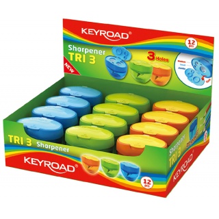 Temperówka KEYROAD Tris, plastikowa, potrójna, z pojemnikiem, pakowane na displayu, mix kolorów