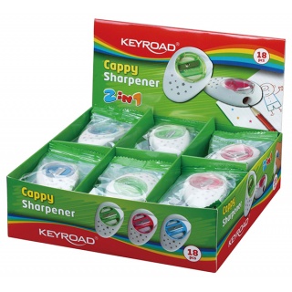 Temperówka KEYROAD Cappy, plastikowa, pojedyńcza, z gumką, pakowane na displayu, mix kolorów, Temperówki, Artykuły do pisania i korygowania