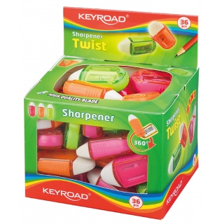 Temperówka KEYROAD Twist, plastikowa, pojedyńcza, z gumką, pakowane na displayu, mix kolorów, Temperówki, Artykuły do pisania i korygowania