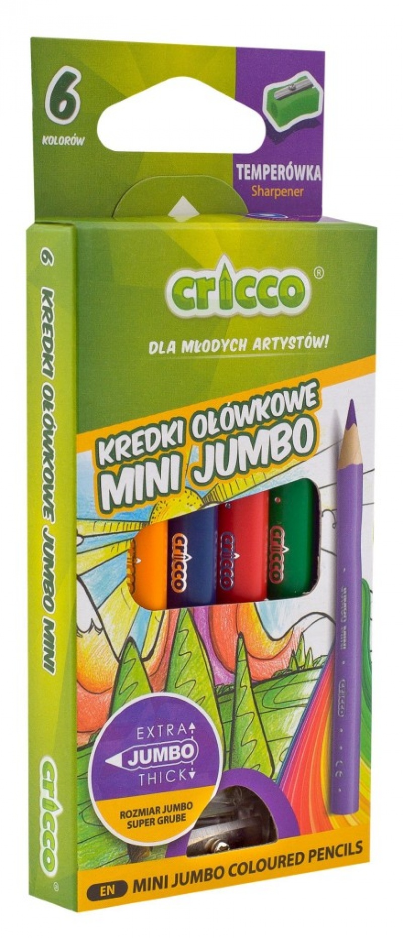 KREDKI CRICCO TRÓJKĄTNE MINI JUMBO 6-KOL. OP. KARTONOWE Z TEMPERÓWKĄ, Plastyka, Artykuły szkolne