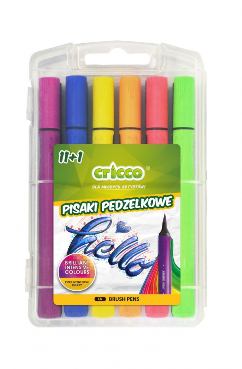 PISAKI Z KOŃCÓWKĄ PĘDZELKOWĄ CRICCO 11+1 KOL. KASETA, Flamastry, Artykuły szkolne
