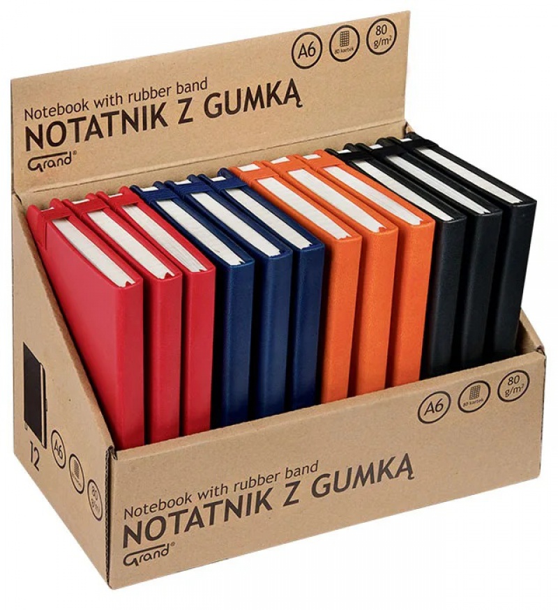 Notatnik GRAND z gumką A6/80 kartek 80gm- kratka MIX, Zeszyty, Artykuły szkolne